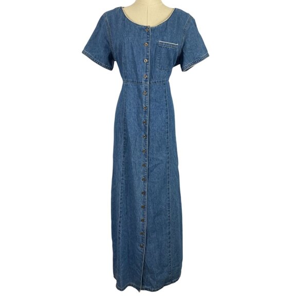 Liz Claiborne Dresses & Skirts - Vintage Western Romantic 12 Denim Babydoll Empire Waist Button Up Maxi Dress